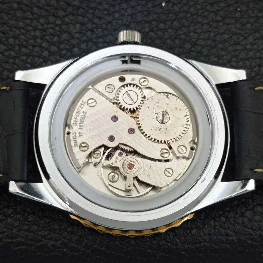 Vintage 1974 Titus Manual Mens Silver Watch W/Leather Strap & Gold accents